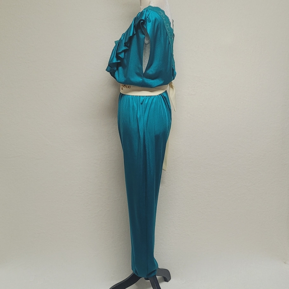 70s Vintage Lady Cameo Dallas Turquoise Lace Plunging Neckline Belted Jumpsuit M - Picture 8 of 14